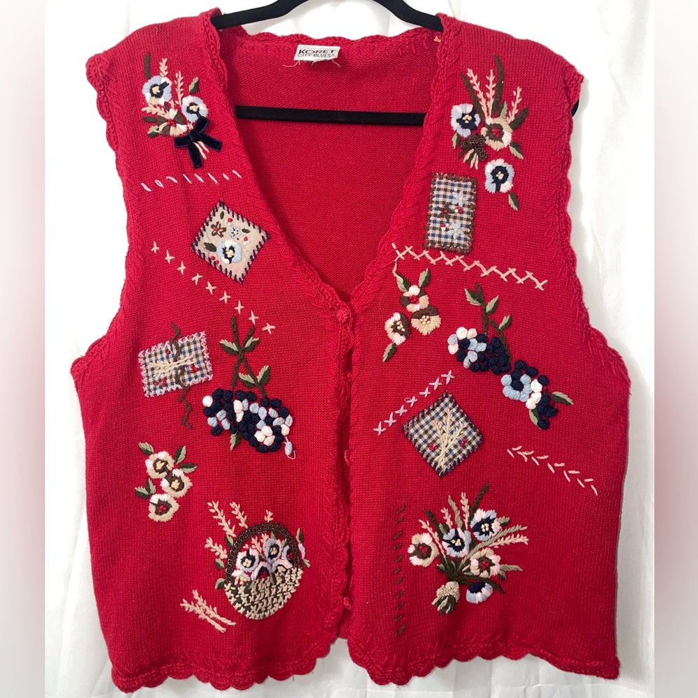 Red Floral Embroidered Knit Vest